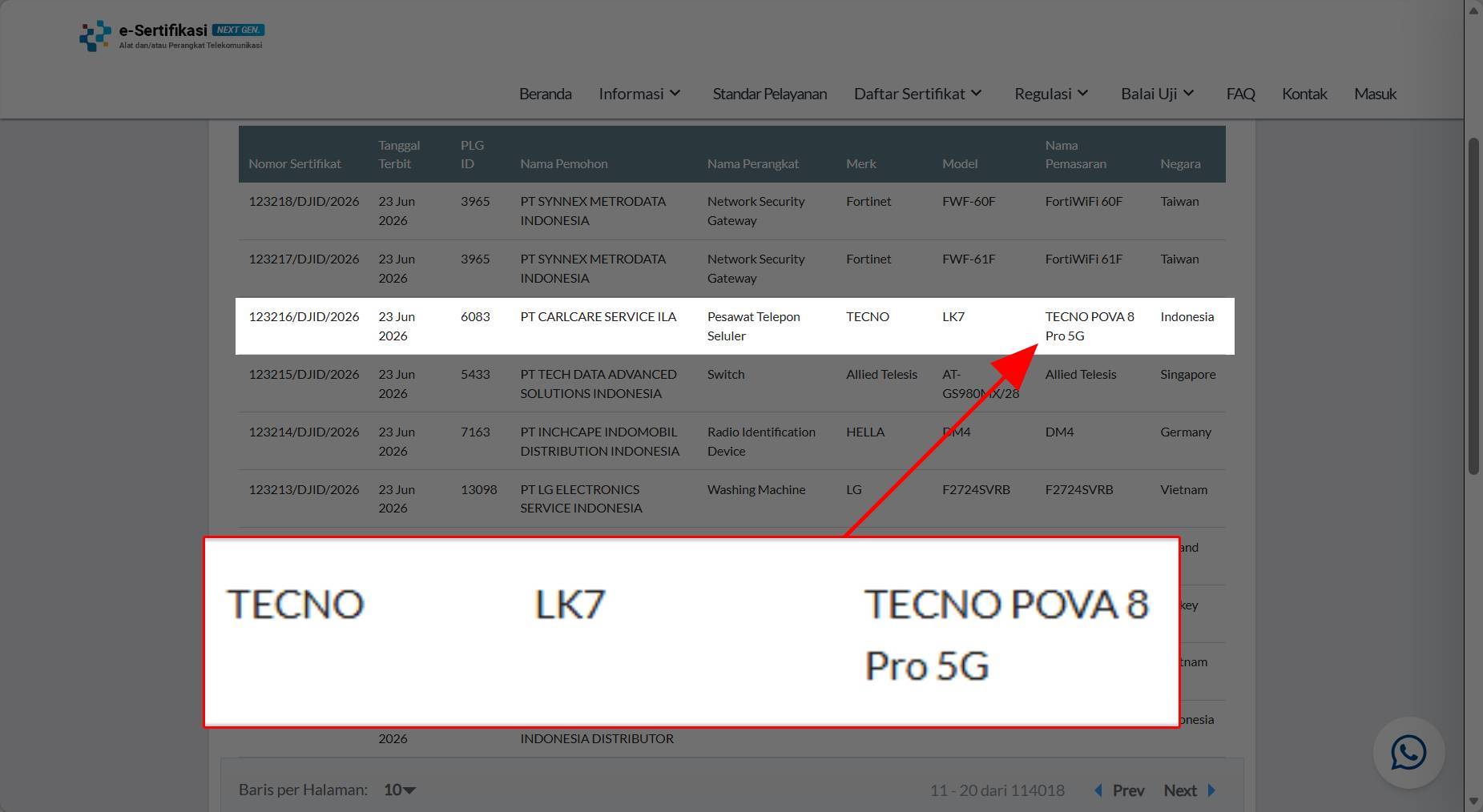 Tecno Pova 8 Pro (LK7) terpantau muncul di laman sertifikasi Postel milik Kemkomdigi.