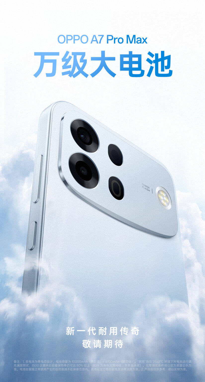 Teaser resmi yang dibagikan Oppo, memperlihatkan bodi belakang A7 Pro Max beserta kapasitas baterainya di bagian foot note.