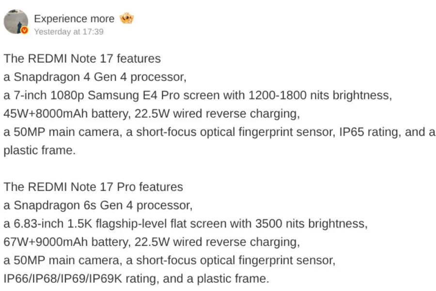 Bocoran spesifikasi Redmi Note 17 dan Redmi Note 17 Pro