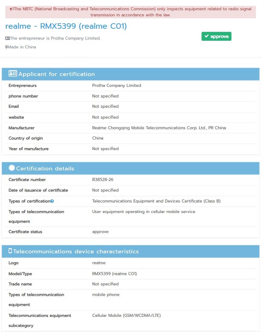Realme C01 (RMX5399) telah mengantongi sertifikasi NBTC di Thailand.