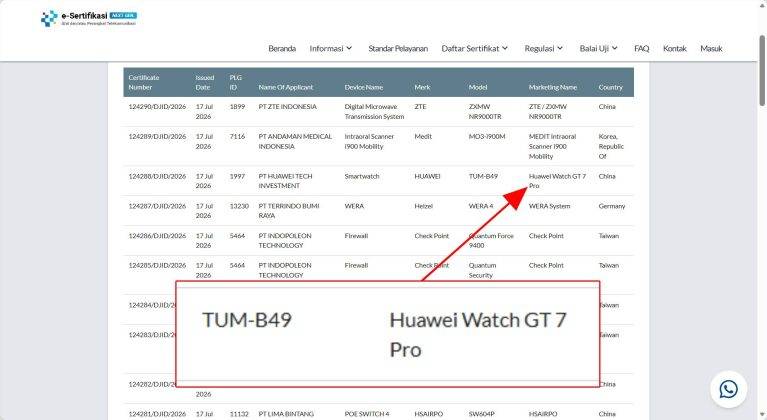 Huawei Watch GT 7 Pro di laman Postel.