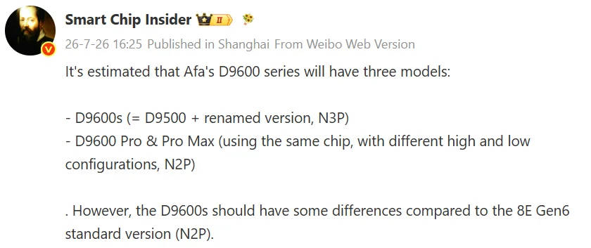 Bocoran Dimensity 9600s, 9600 Pro, dan 9600 Pro Max. Sumber: Smart Chip Insider/ Weibo via GizmoChina.
