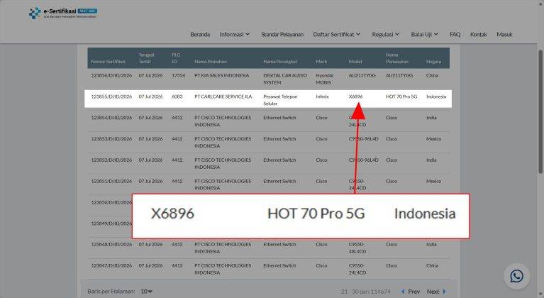 Infinix Hot 70 Pro sudah muncul di laman Postel Kemkomdigi.