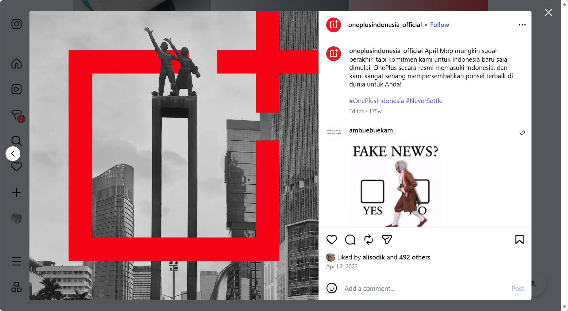 Pos akun resmi OnePlus Indonesia di Instagram. Sumber: hasil tangkapan layar 91Mobiles Indonesia.