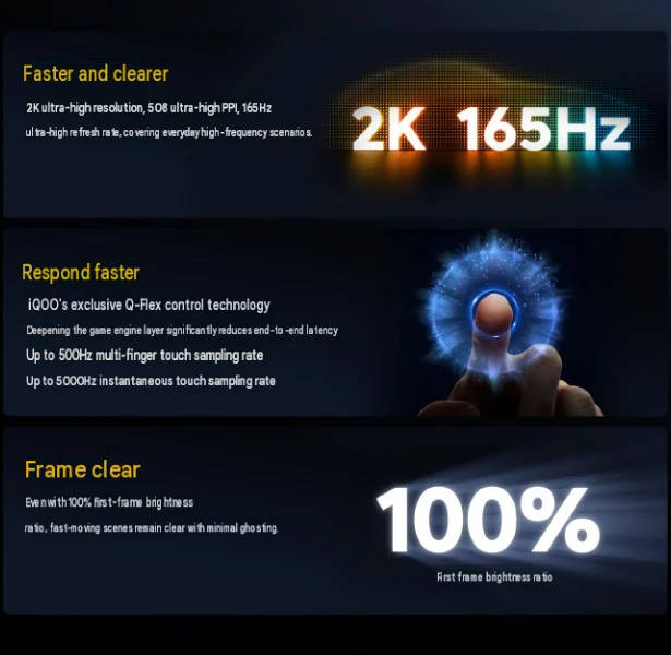 Layar iQoo 16 mendukung resolusi 2K dan refresh rate 165 Hz.