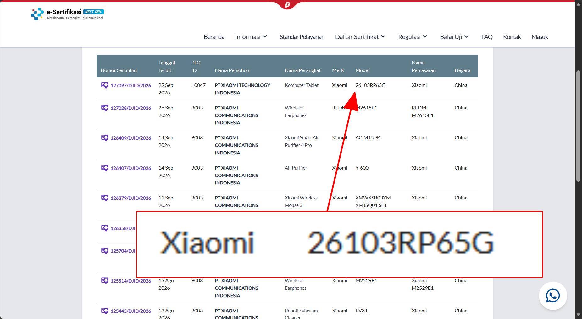 Penampakan kode perangkat 26103RP65G yang diyakini sebagai Xiaomi Pad 9 muncul di laman Postel.