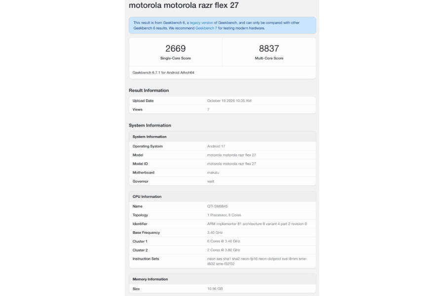 Penemuan Motorola Razr Flex di Geekbench. Sumber: GizmoChina.