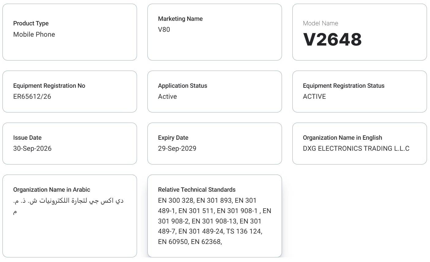 Vivo V80 ditemukan pada laman sertifikasi TDRA, pertanda akan segera rilis di pasar Uni Emirat Arab.