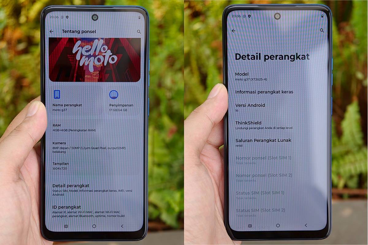 Tampilan laman "Tentang Ponsel" dan "Detail perangkat" pada Moto G37.