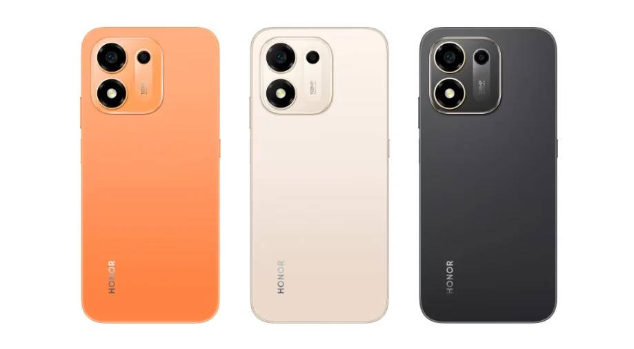Tiga varian warna Honor X8e 4G: Sunrise Orange, Desert Gold, dan Velvet Black.