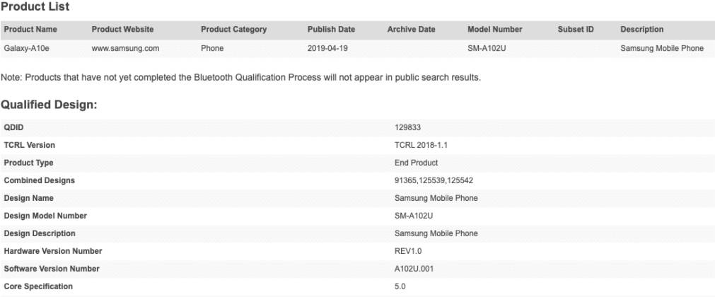 samsung galaxy a10e sm-a102u listed on certifications site