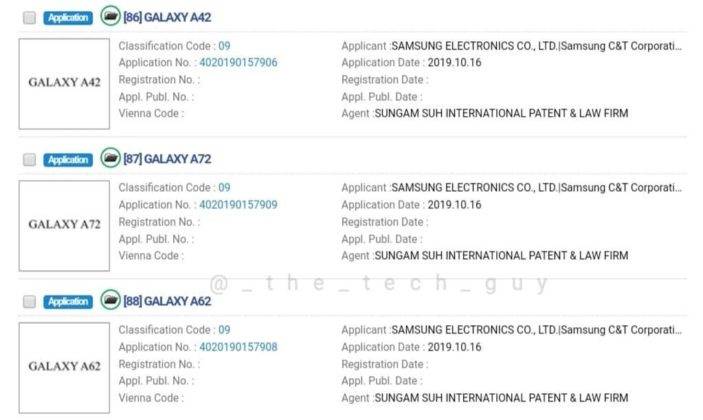 Samsung Galaxy A series trademark for new smartphones name a12 a22 a32 a42 a52 a62 a72 a82 a92