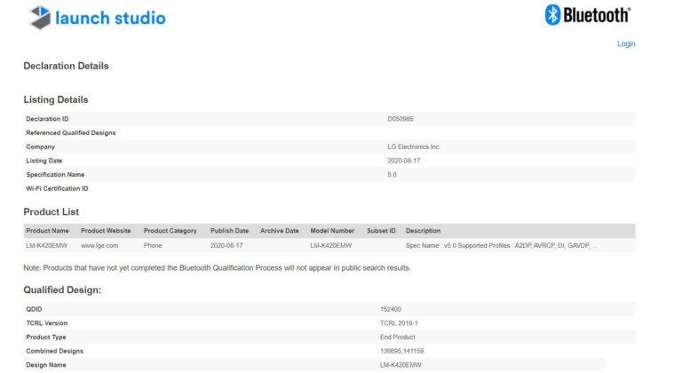 LG K42 spotted on the Bluetooth SIG fcc certification specs leaked