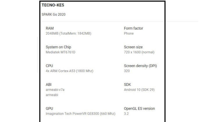 Tecno SPARK Go 2020 listed on google play console 3gb RAM specs leaked