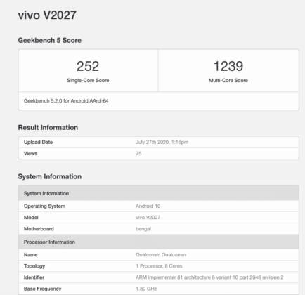 Vivo Y20 geekbench bluetooth sig certification specs leaked