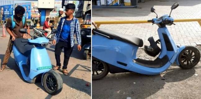 Front tire separated from Ola S1 Pro electric scooter on the road.