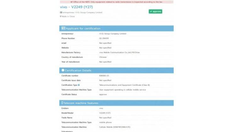 Vivo Y27 4G and Vivo Y27 5G NBTC listing
