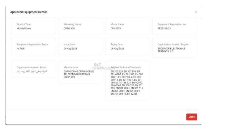TDRA listing of Oppo A18 and Oppo A38