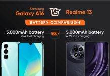 Samsung Galaxy A16 vs Realme 13 बैटरी कंपैरिजन, जानें किसकी बैटरी है ज्यादा पावरफुल Samsung Galaxy A16 vs Realme 13 battery comparison in hindi