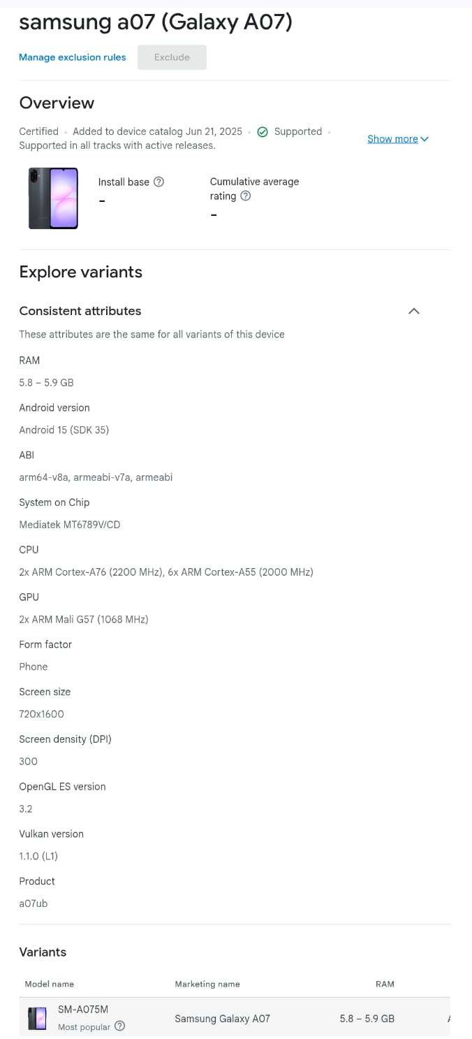 Samsung Galaxy A07 Google Play Console