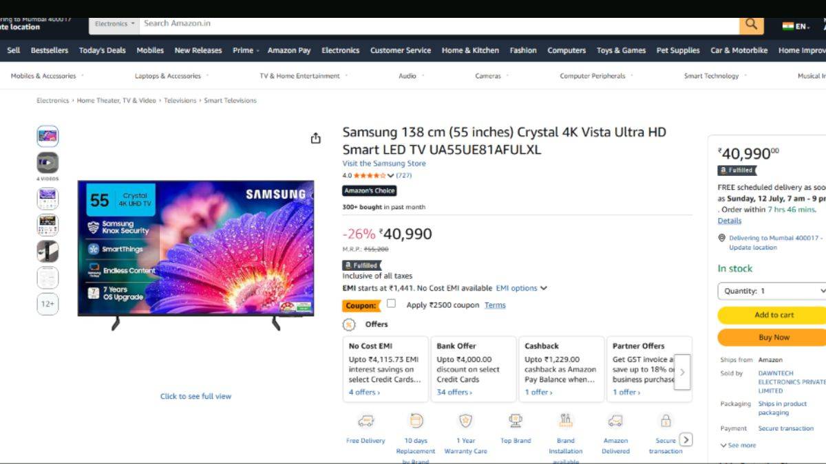 Samsung 138 cm (55 inches) Crystal 4K Vista Ultra HD Smart LED TV