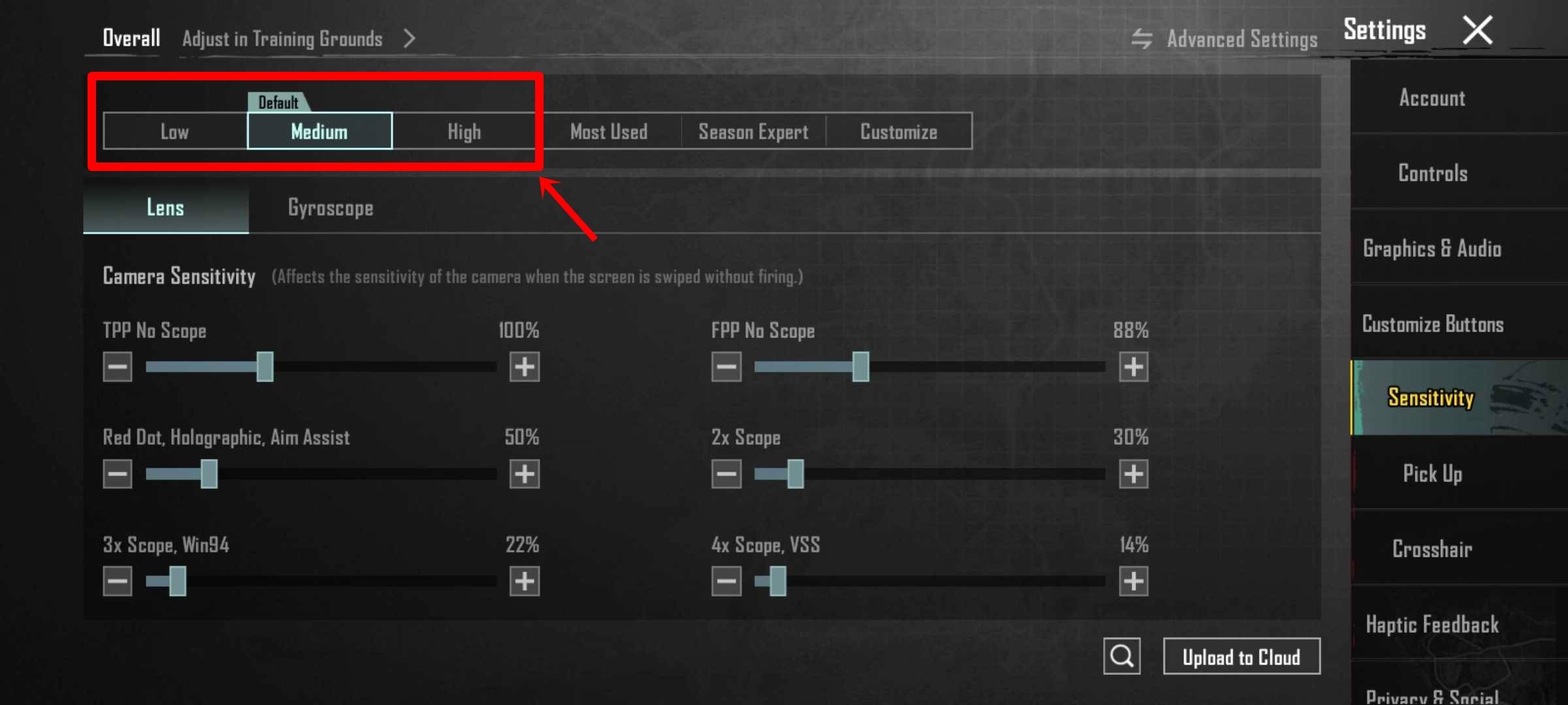 Change sensitivity to default settings in BGMI