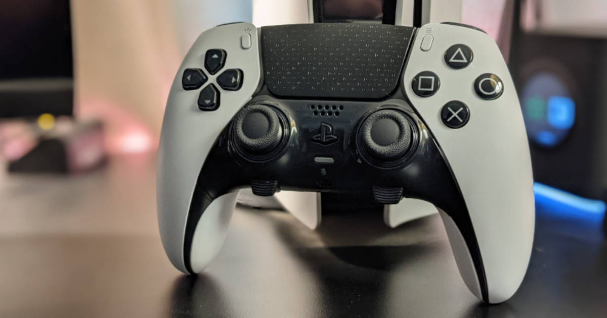 DualSense Edge Controller in front of a PlayStation 5
