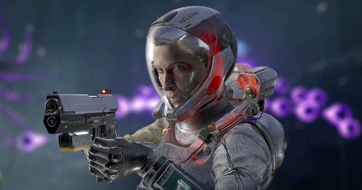 Selene Holding a Pistol in Returnal PC