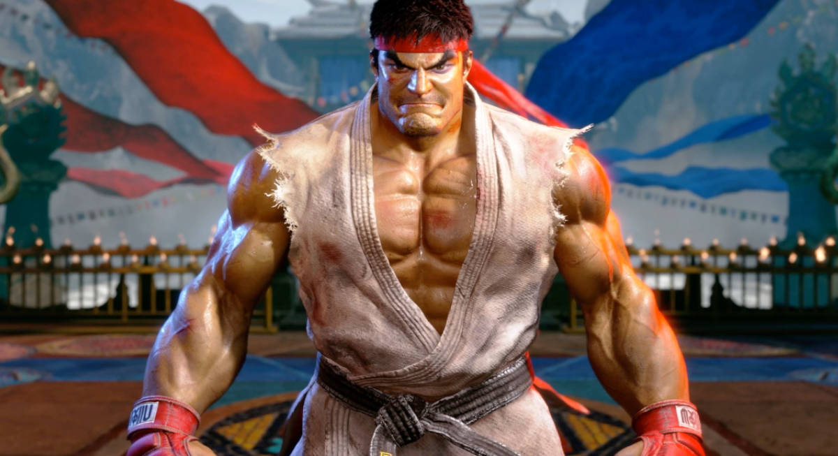 Ryu standing in front of streaks of colour in Street Fighter 6