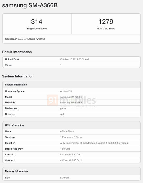 Samsung Galaxy A36 5G Geekbench