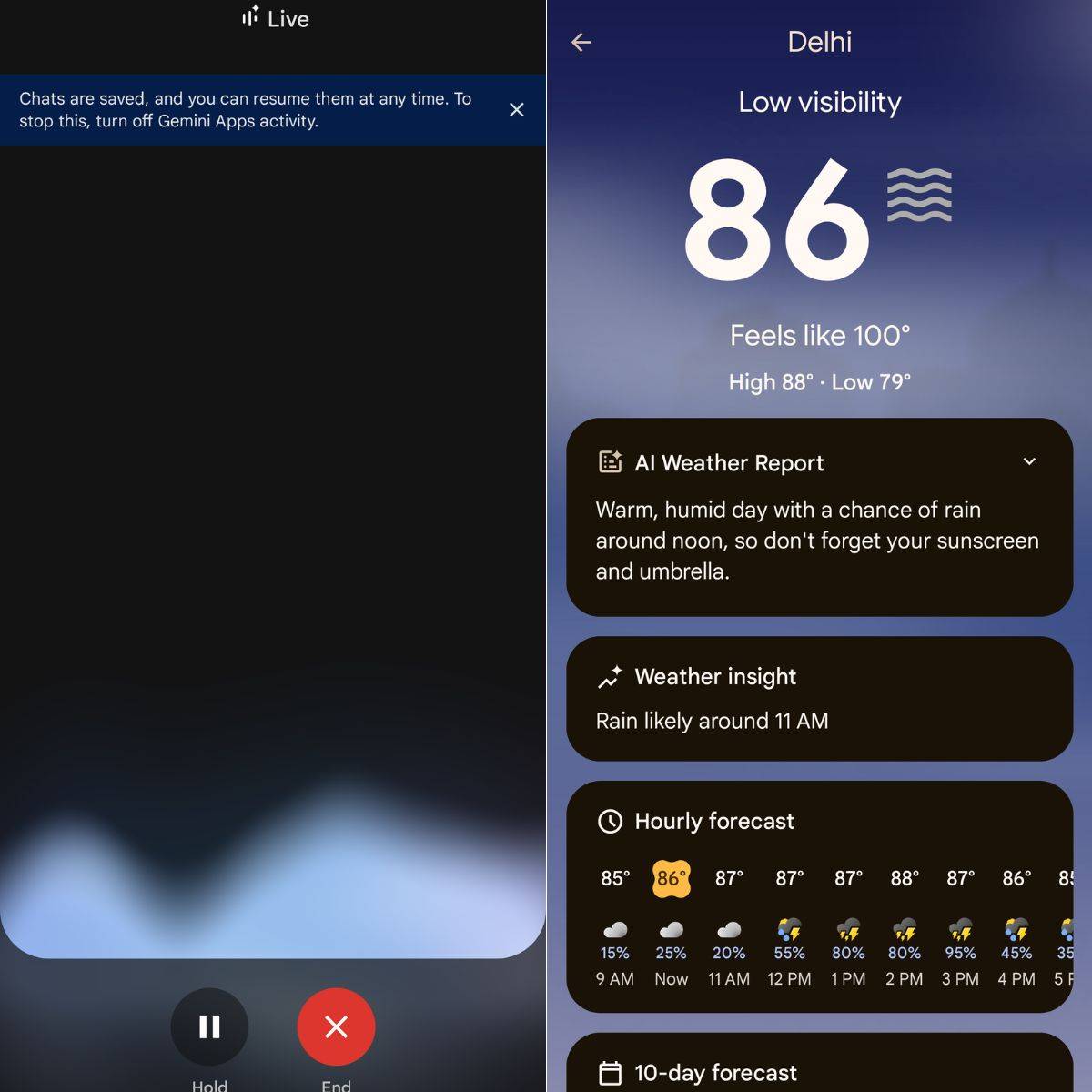 Google Pixel Live Assistant UI (L) and Weather app with summary