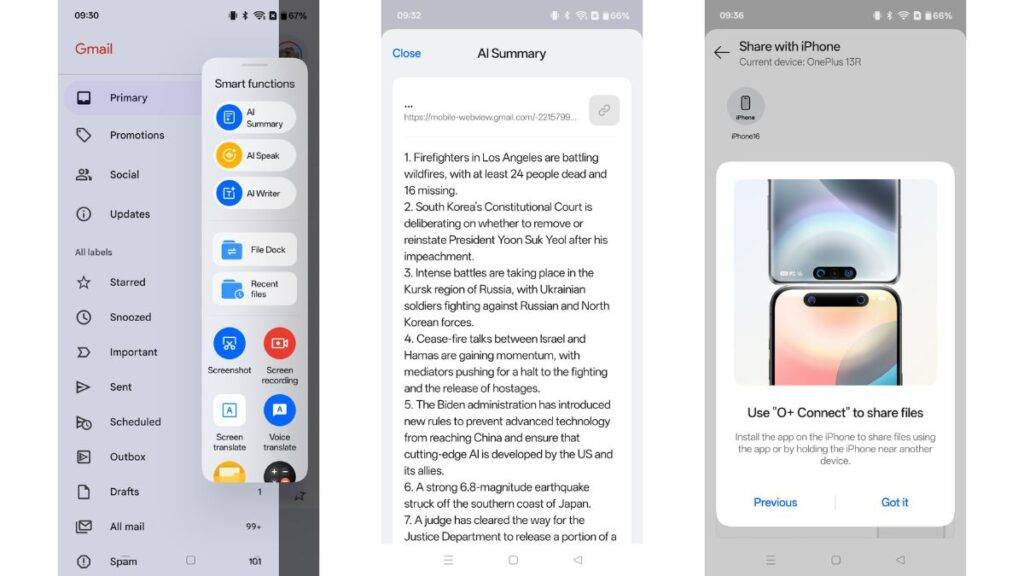 OnePlus 13R UI showing AI features, Share with iPhone