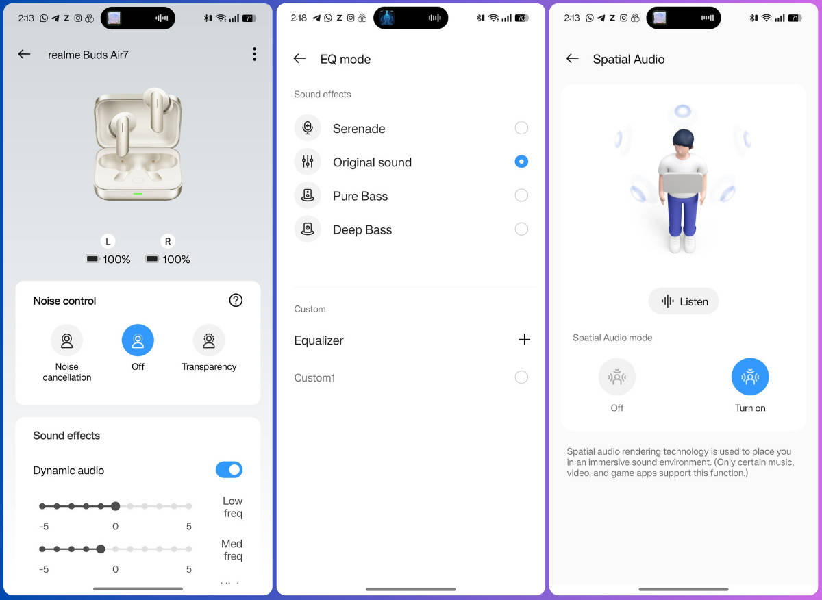 Realme Buds Air 7 app features on Realme Link