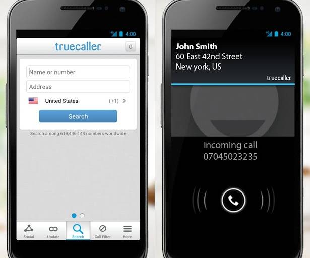 Truecaller Mobile App number search incoming call screen