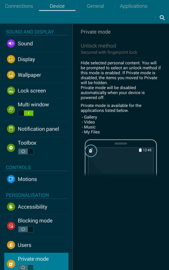 Samsung Tab S_private mode