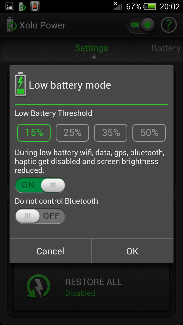 XOLO Q1200_low battery mode