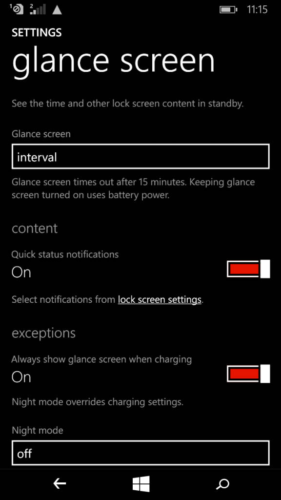 Microsoft Lumia XL_glance screen settings