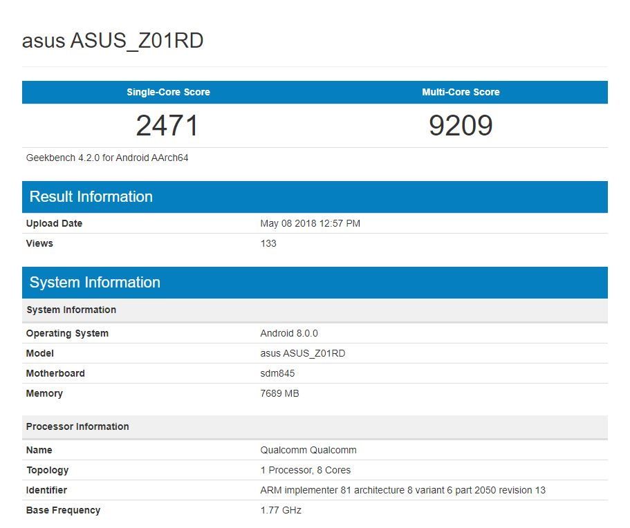 Asus Zenfone 5z With Sd845 And 8gb Ram Spotted On Geekbench 91mobiles Com