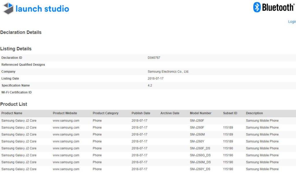 Samsung Galaxy J2 Core Bluetooth SIG