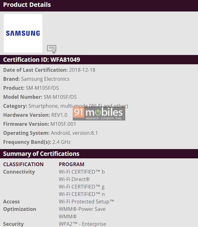 Samsung Galaxy M10 Wi-Fi Certification