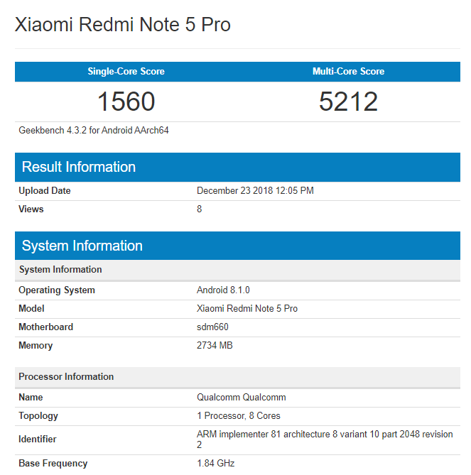 redmi note 5 SD660 geekbench