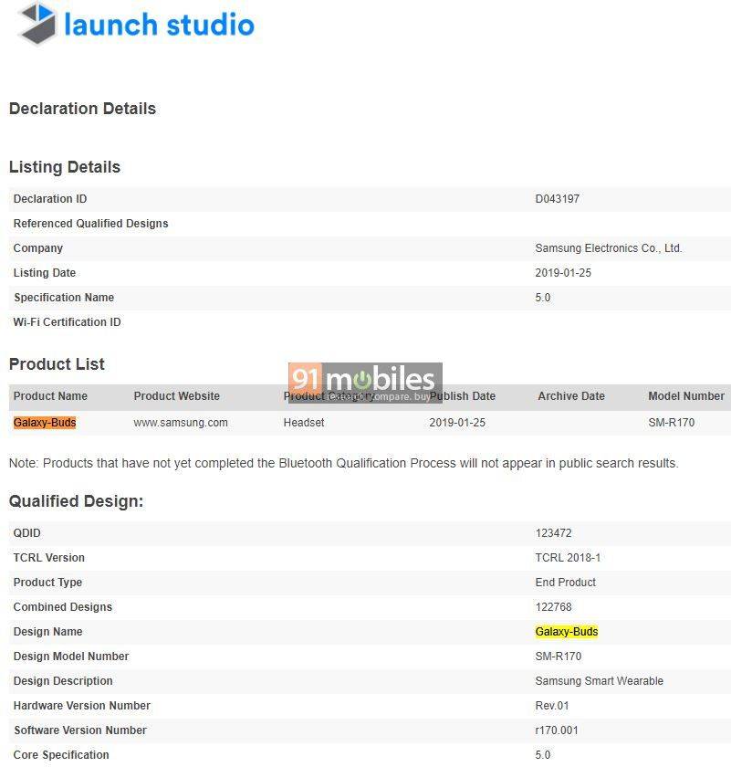 Samsung Galaxy Buds Bluetooth certification