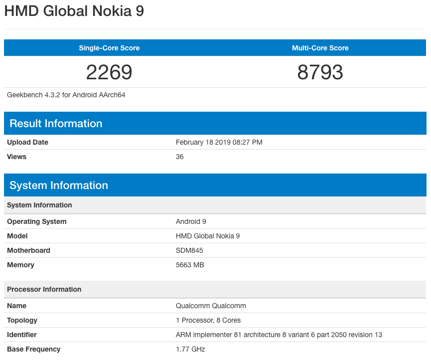 nokia 9 geekbench