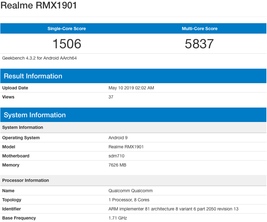 Realme X specifications geekbench