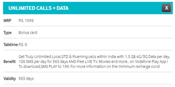 Vodafone Recharge Chart Delhi