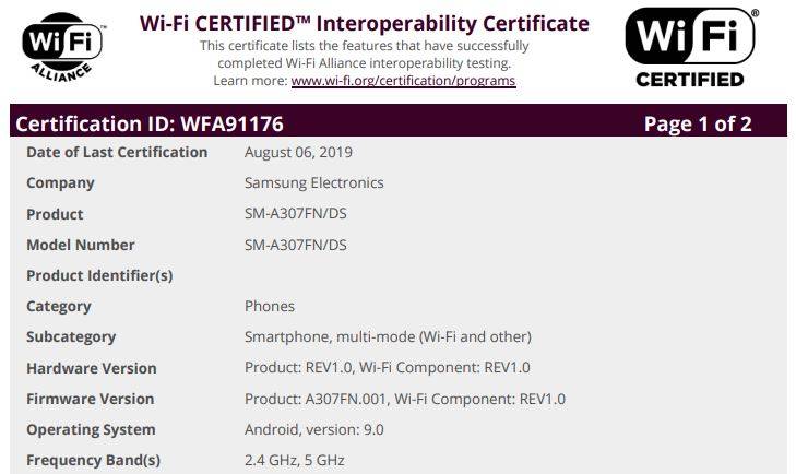 Samsung Galaxy A30s Wi-Fi Alliance
