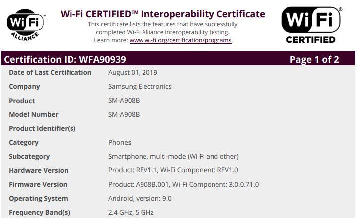 Samsung Galaxy A90 Wi-Fi certification