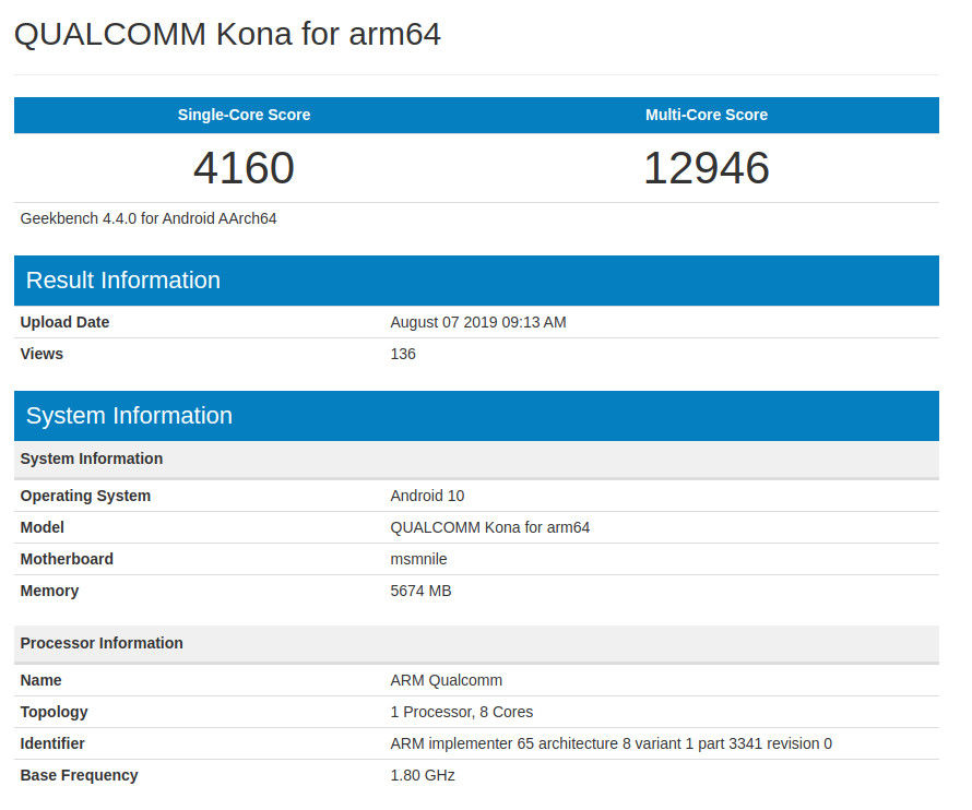 Snapdragon 865 spotted on Geekbench running on a smartphone with Android Q and 6GB RAM. 