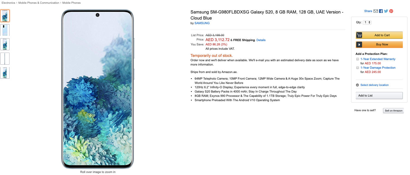 Samsung Galaxy S20 Full Specs Revealed Via Amazon Uae Listing 9883