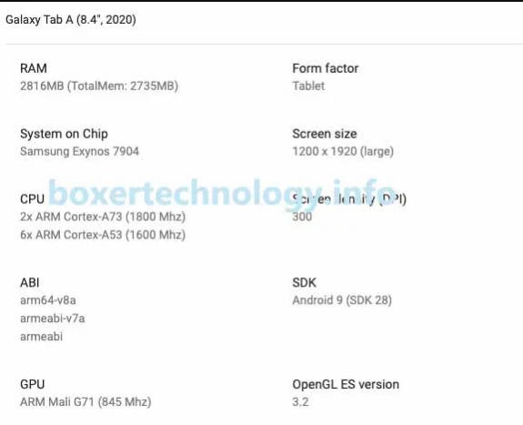 tab a 2020 specs